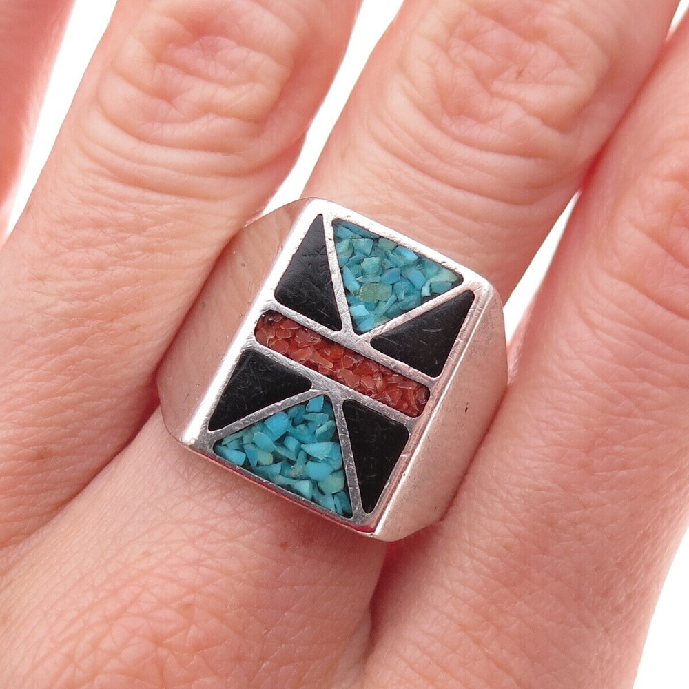 Old Pawn Sterling Silver Vintage Turquoise Coral Inlay & Onyx Ring Size 10.25